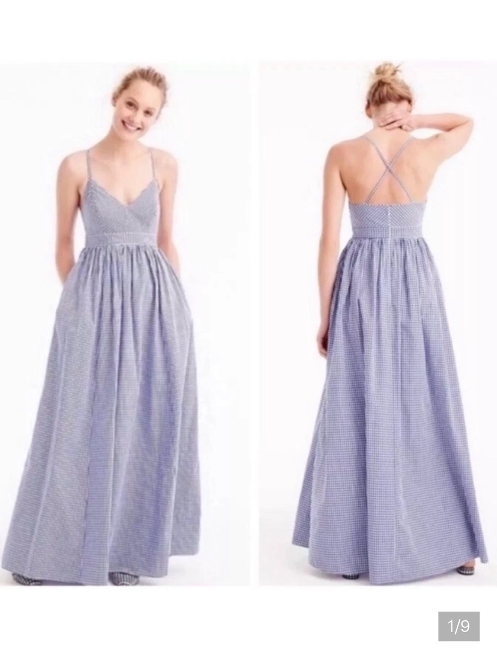 J. Crew Blue and White Gingham Spaghetti Strap Maxi Dress